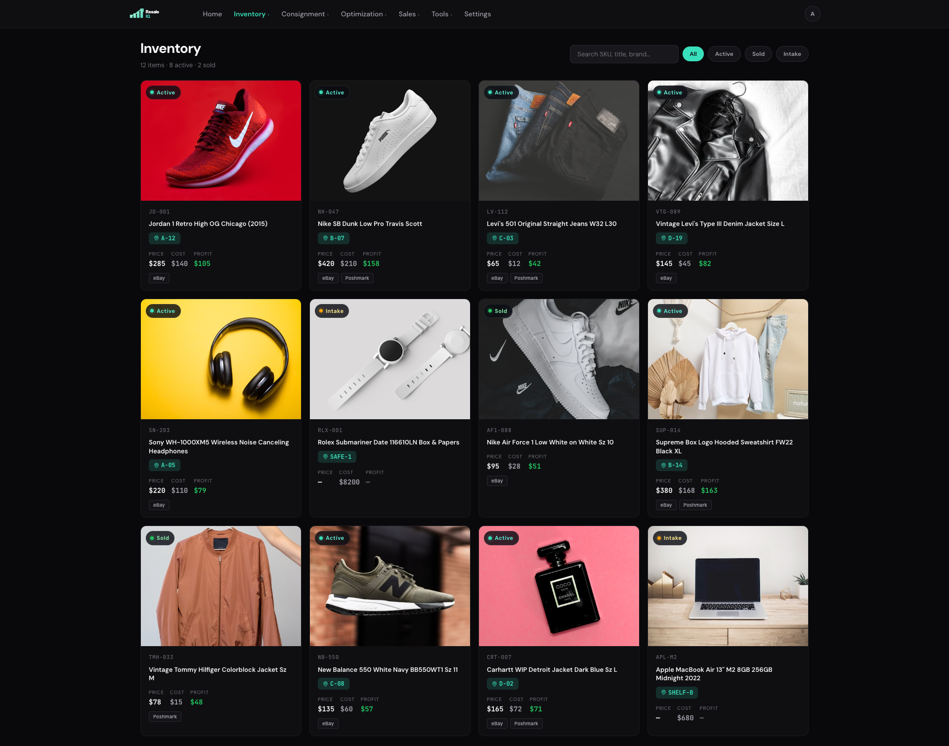 ResaleIQ inventory — every item, cost, margin, and platform status